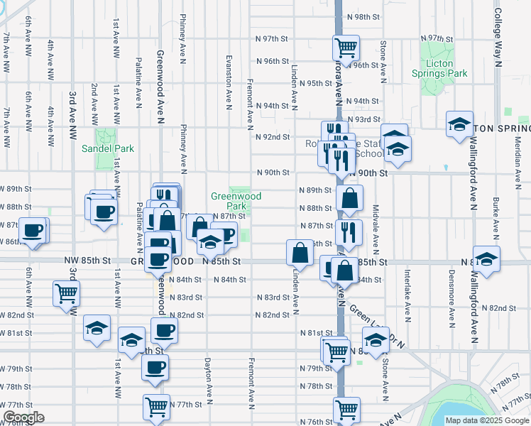 map of restaurants, bars, coffee shops, grocery stores, and more near 725 North 88th Street in Seattle