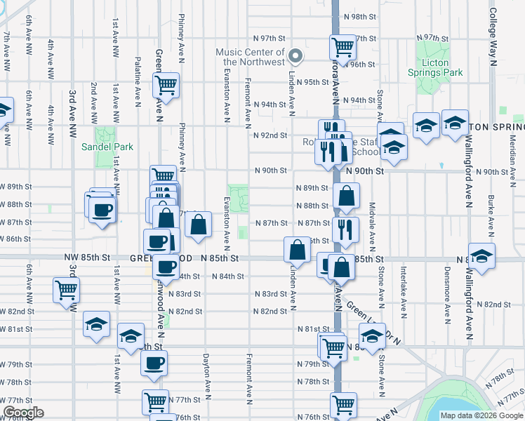 map of restaurants, bars, coffee shops, grocery stores, and more near 725 North 88th Street in Seattle