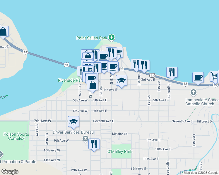 map of restaurants, bars, coffee shops, grocery stores, and more near 111 4th Avenue East in Polson