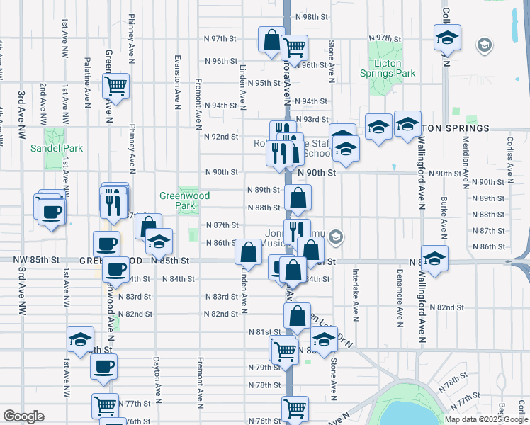 map of restaurants, bars, coffee shops, grocery stores, and more near 929 North 88th Street in Seattle