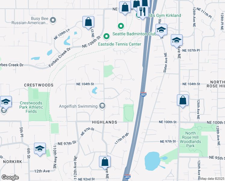 map of restaurants, bars, coffee shops, grocery stores, and more near 11703 Northeast 103rd Place in Kirkland