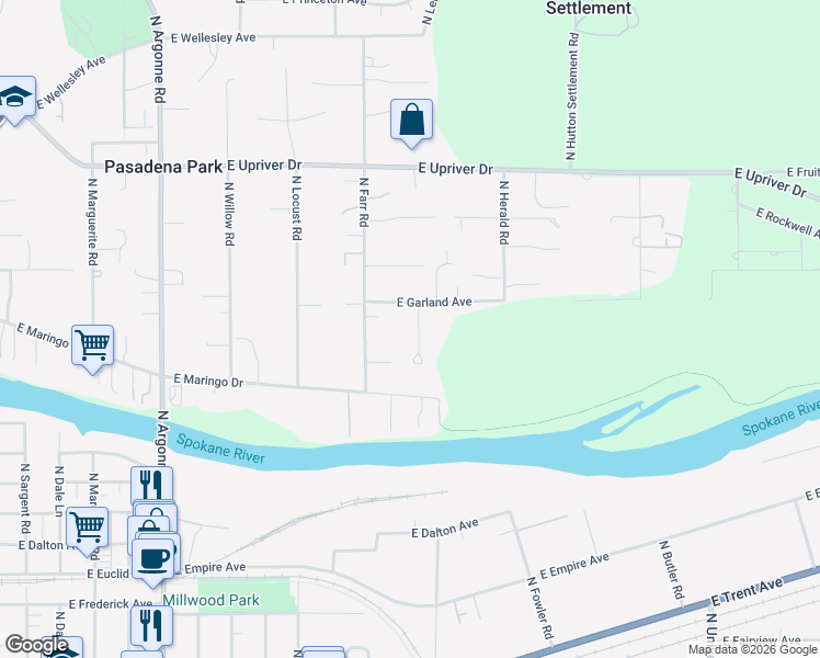 map of restaurants, bars, coffee shops, grocery stores, and more near 3915 North Sunderland Road in Spokane