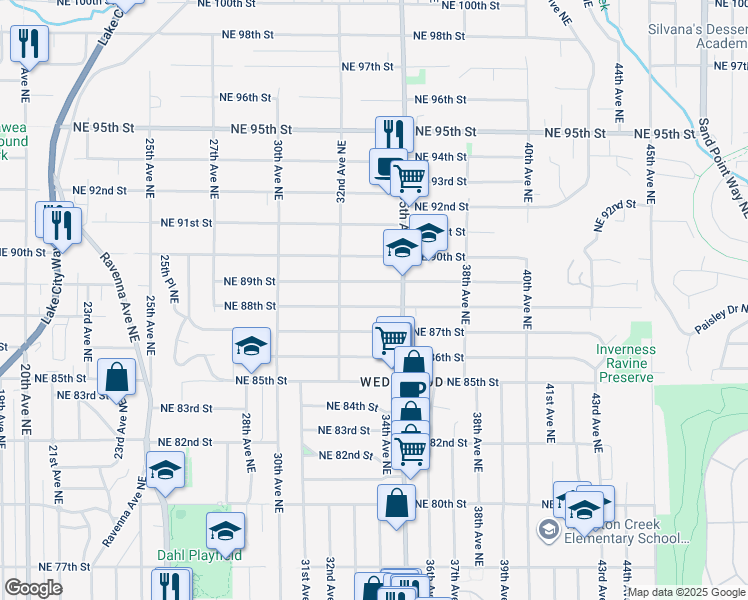 map of restaurants, bars, coffee shops, grocery stores, and more near 3234 Northeast 88th Street in Seattle