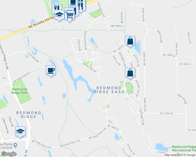 map of restaurants, bars, coffee shops, grocery stores, and more near 10617 Elliston Way Northeast in Redmond