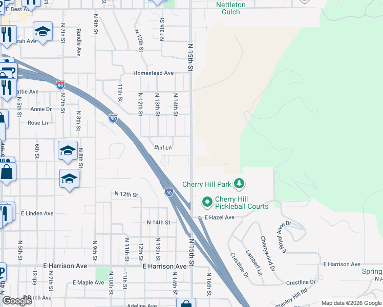map of restaurants, bars, coffee shops, grocery stores, and more near 1802 North 15th Street in Coeur d'Alene