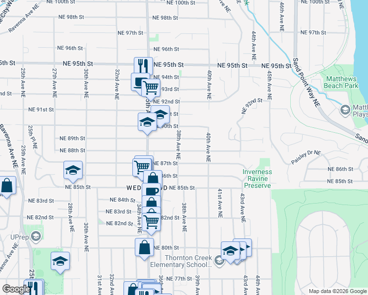 map of restaurants, bars, coffee shops, grocery stores, and more near 3808 NE 88th St in Seattle