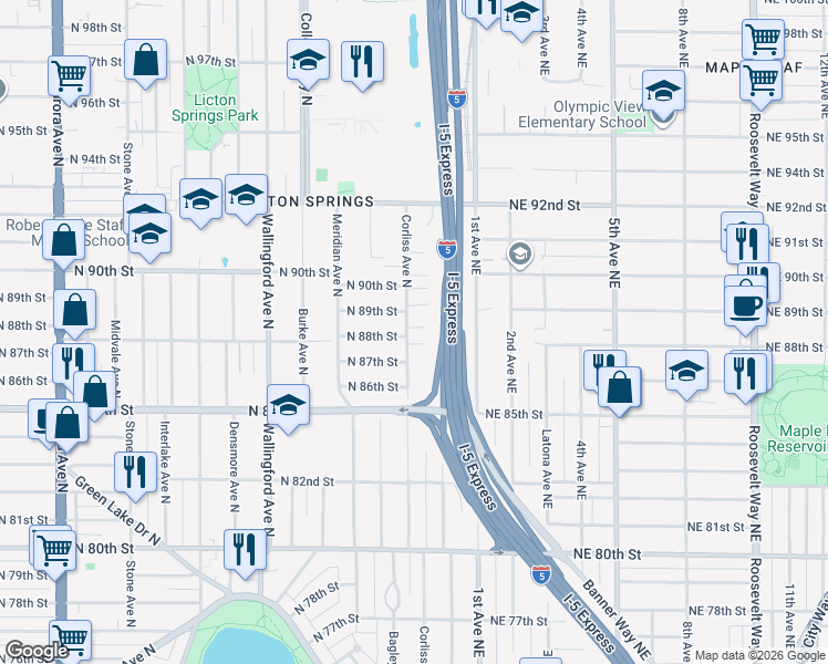 map of restaurants, bars, coffee shops, grocery stores, and more near 8804 Corliss Avenue North in Seattle