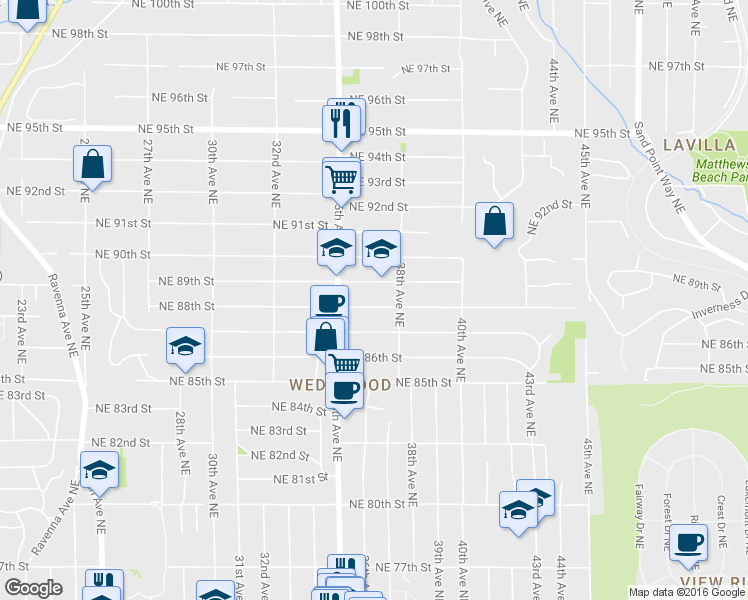 map of restaurants, bars, coffee shops, grocery stores, and more near 3528 Northeast 88th Street in Seattle