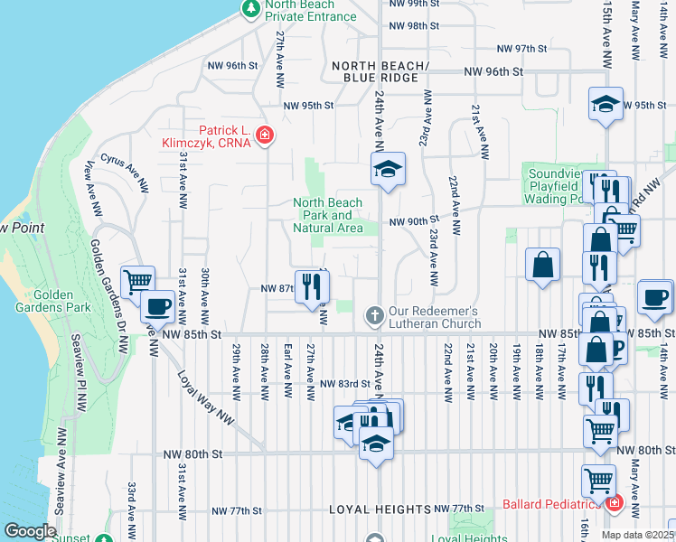 map of restaurants, bars, coffee shops, grocery stores, and more near 2512 Northwest 87th Street in Seattle