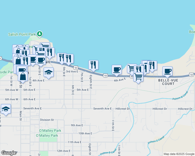 map of restaurants, bars, coffee shops, grocery stores, and more near 803 4th Avenue East in Polson