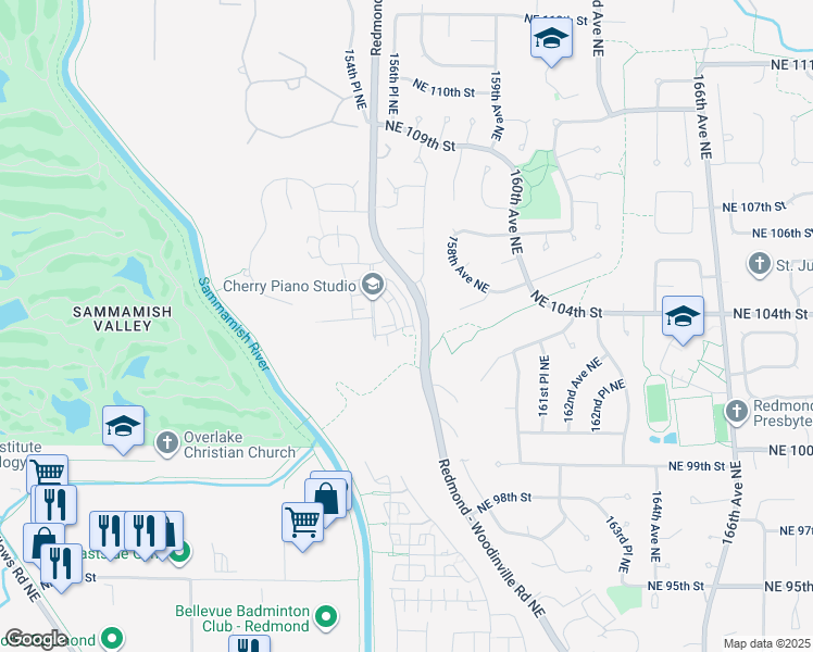 map of restaurants, bars, coffee shops, grocery stores, and more near 101 Northeast 103rd Court in Redmond