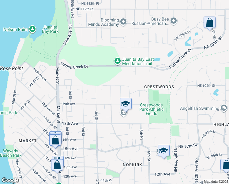 map of restaurants, bars, coffee shops, grocery stores, and more near 1936 4th Street in Kirkland