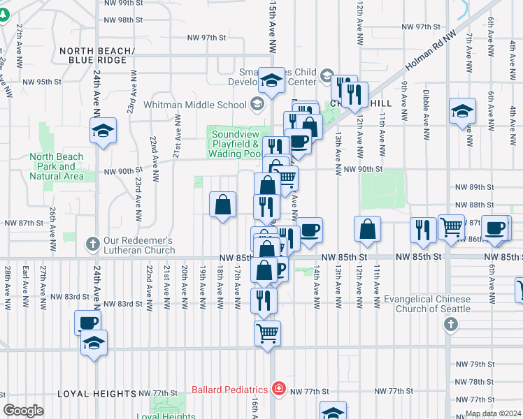 map of restaurants, bars, coffee shops, grocery stores, and more near 1514 Northwest 87th Street in Seattle