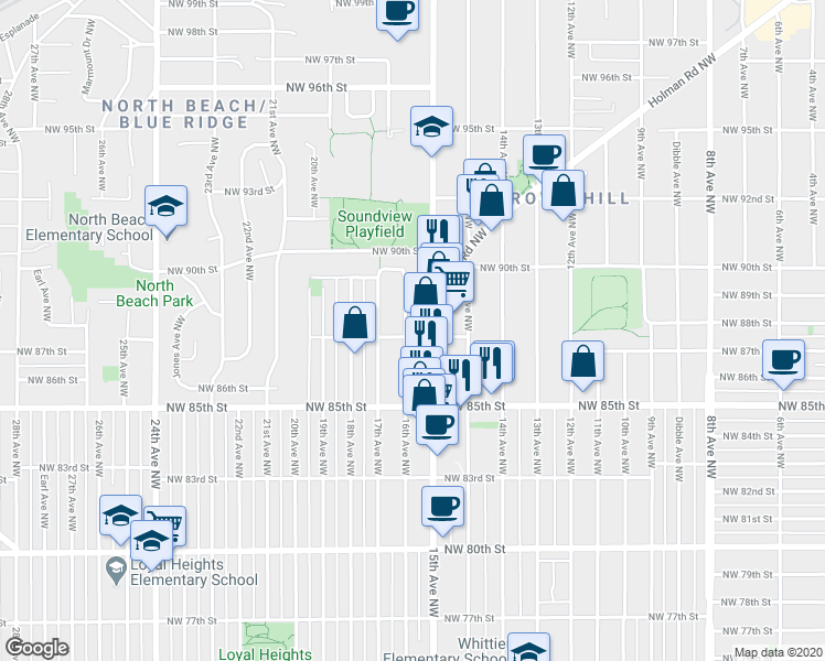 map of restaurants, bars, coffee shops, grocery stores, and more near 1514 Northwest 87th Street in Seattle