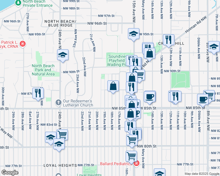 map of restaurants, bars, coffee shops, grocery stores, and more near 8701 18th Avenue Northwest in Seattle
