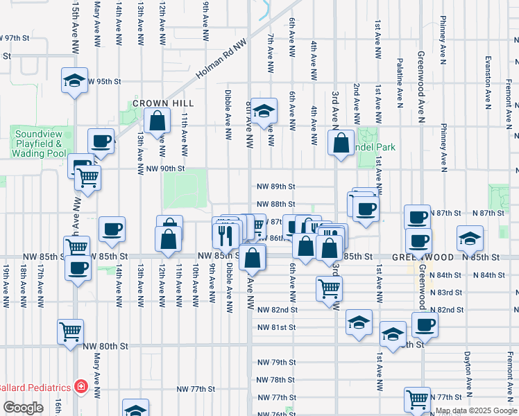 map of restaurants, bars, coffee shops, grocery stores, and more near 647 Northwest 88th Street in Seattle