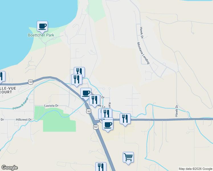 map of restaurants, bars, coffee shops, grocery stores, and more near 140 Kari Lane in Polson