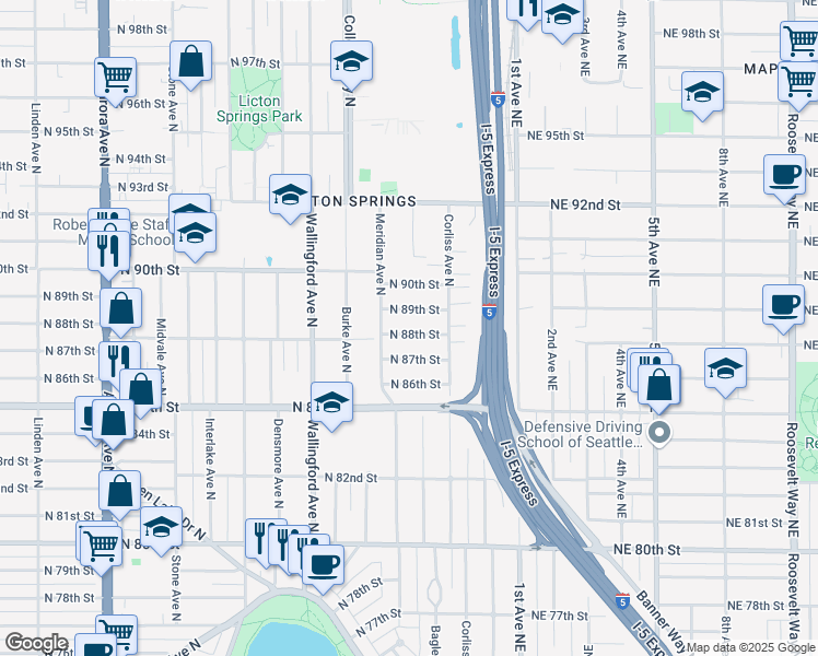 map of restaurants, bars, coffee shops, grocery stores, and more near 2128 North 88th Street in Seattle