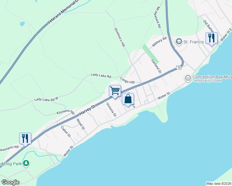 map of restaurants, bars, coffee shops, grocery stores, and more near 102 Newfoundland and Labrador 70 in Harbour Grace