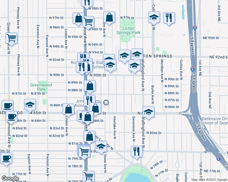map of restaurants, bars, coffee shops, grocery stores, and more near 8802 Interlake Avenue North in Seattle