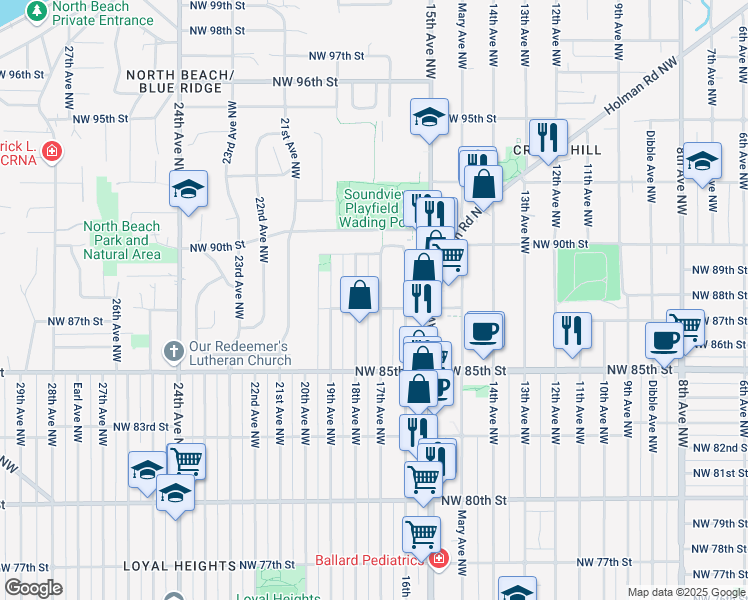 map of restaurants, bars, coffee shops, grocery stores, and more near in Seattle