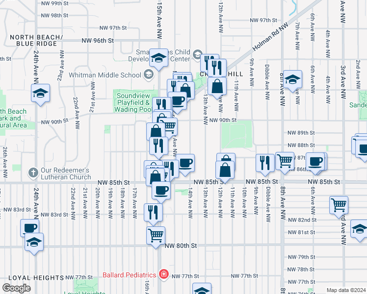 map of restaurants, bars, coffee shops, grocery stores, and more near 8709 14th Avenue Northwest in Seattle