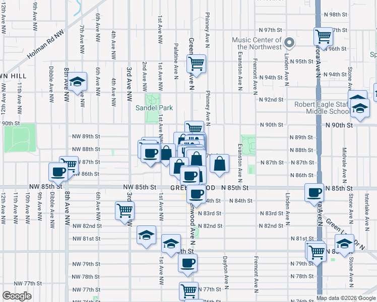 map of restaurants, bars, coffee shops, grocery stores, and more near 8701 Greenwood Avenue North in Seattle