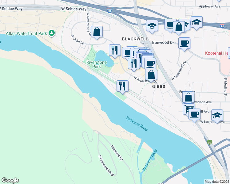 map of restaurants, bars, coffee shops, grocery stores, and more near 1992 Bellerive Lane in Coeur d'Alene