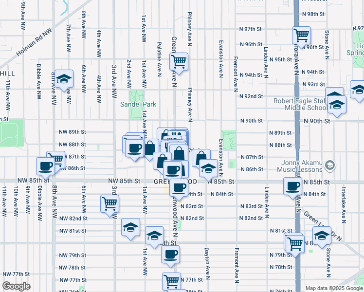 map of restaurants, bars, coffee shops, grocery stores, and more near 8704 Greenwood Avenue North in Seattle