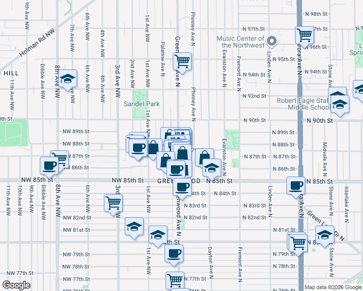 map of restaurants, bars, coffee shops, grocery stores, and more near 8704 Greenwood Avenue North in Seattle