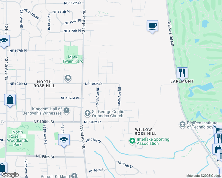 map of restaurants, bars, coffee shops, grocery stores, and more near 135th Circle Northeast in Kirkland