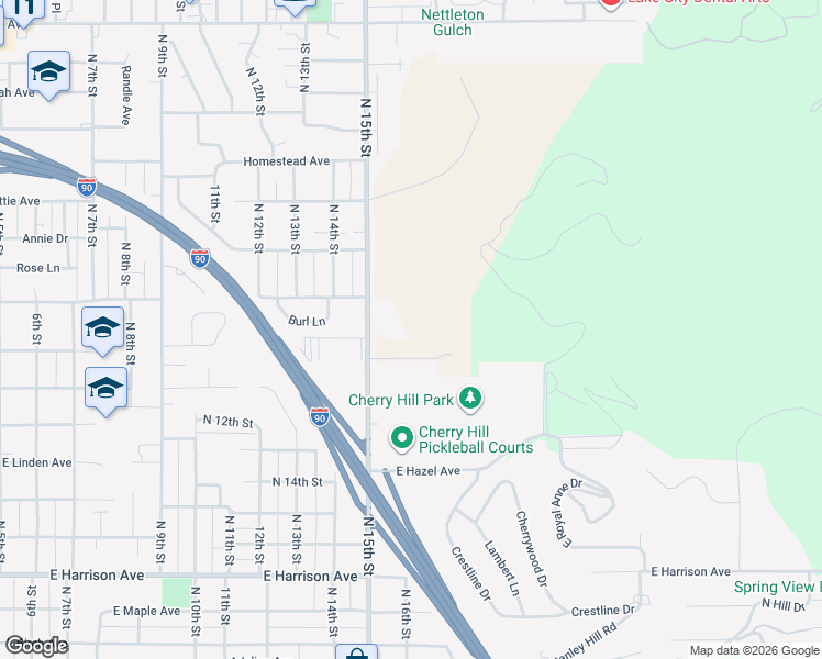 map of restaurants, bars, coffee shops, grocery stores, and more near 1828 North 15th Street in Coeur d'Alene