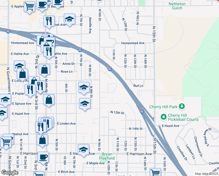 map of restaurants, bars, coffee shops, grocery stores, and more near 911 Woolsey Drive in Coeur d'Alene