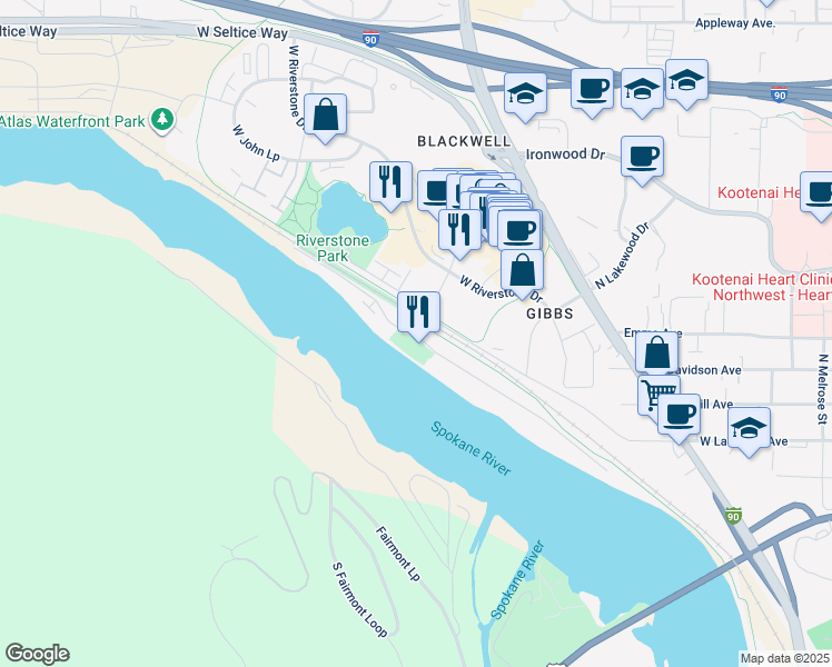 map of restaurants, bars, coffee shops, grocery stores, and more near 1815 Bellerive Lane in Coeur d'Alene