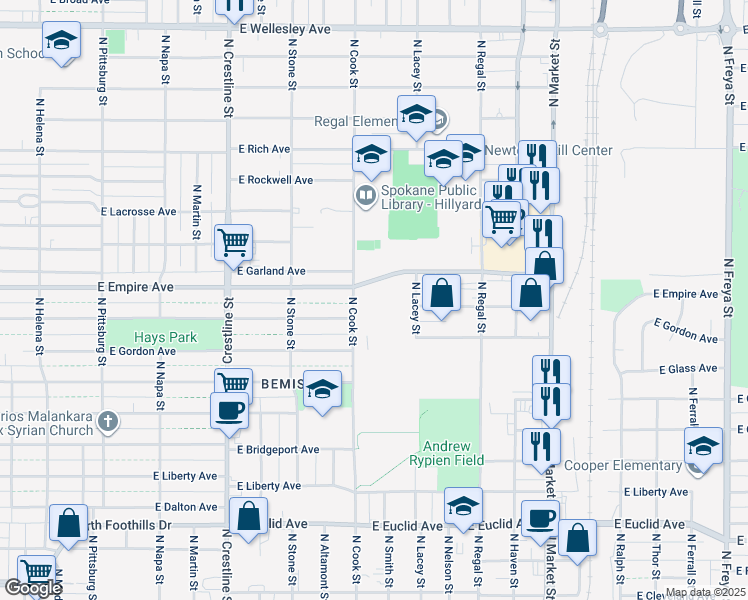map of restaurants, bars, coffee shops, grocery stores, and more near 3818 North Cook Street in Spokane