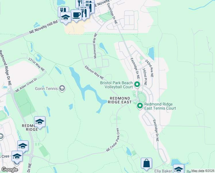 map of restaurants, bars, coffee shops, grocery stores, and more near 10617 Elliston Way Northeast in Redmond