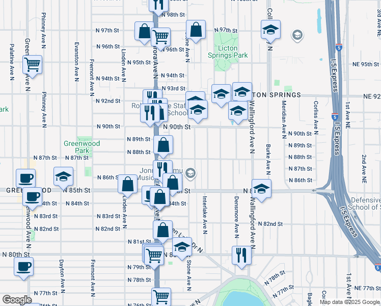 map of restaurants, bars, coffee shops, grocery stores, and more near 1222 North 88th Street in Seattle