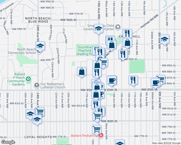 map of restaurants, bars, coffee shops, grocery stores, and more near in Seattle