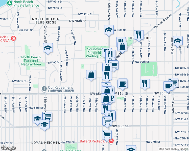 map of restaurants, bars, coffee shops, grocery stores, and more near in Seattle