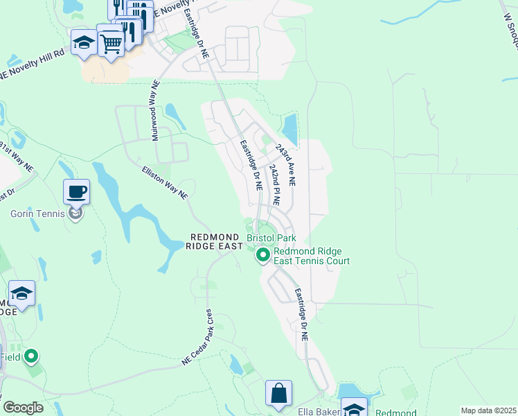 map of restaurants, bars, coffee shops, grocery stores, and more near Eastridge Drive Northeast in Redmond