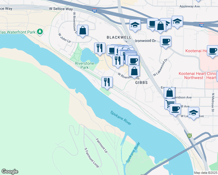 map of restaurants, bars, coffee shops, grocery stores, and more near 1815 Bellerive Lane in Coeur d'Alene