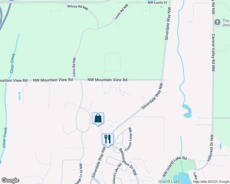map of restaurants, bars, coffee shops, grocery stores, and more near 1571 Northwest Mountain View Road in Silverdale