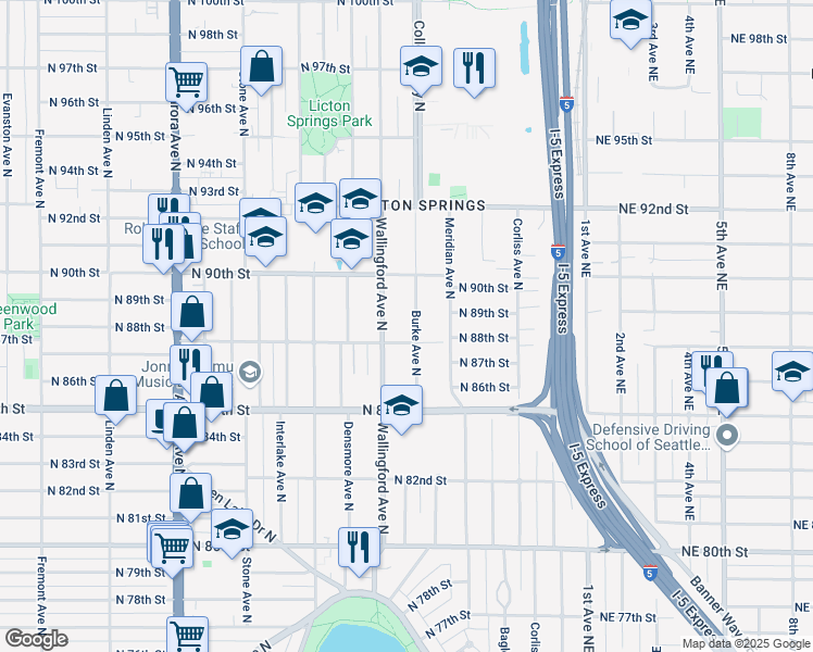 map of restaurants, bars, coffee shops, grocery stores, and more near 8803 Burke Avenue North in Seattle