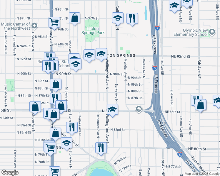map of restaurants, bars, coffee shops, grocery stores, and more near 8803 Burke Avenue North in Seattle