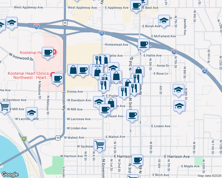 map of restaurants, bars, coffee shops, grocery stores, and more near 411 East Garden Avenue in Coeur d'Alene