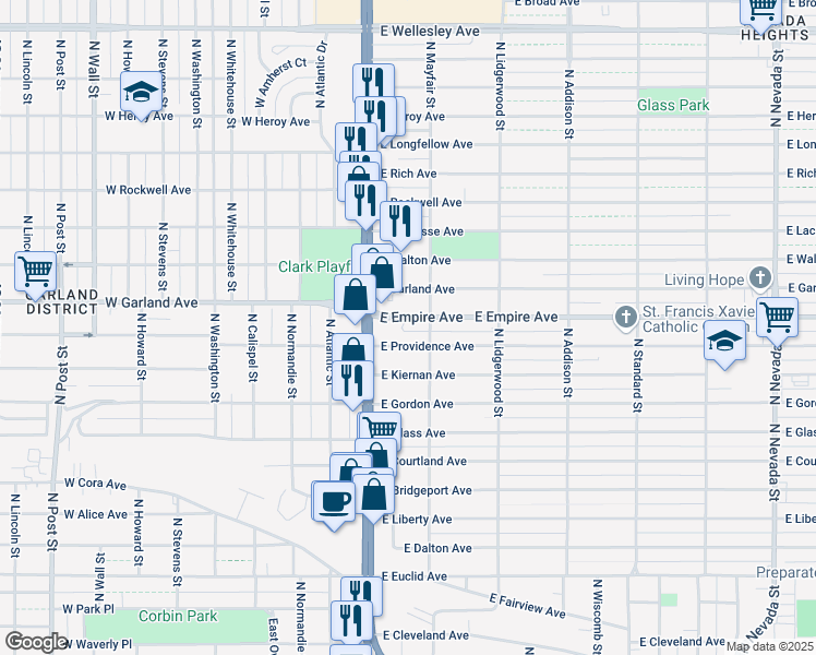 map of restaurants, bars, coffee shops, grocery stores, and more near 35 East Providence Avenue in Spokane