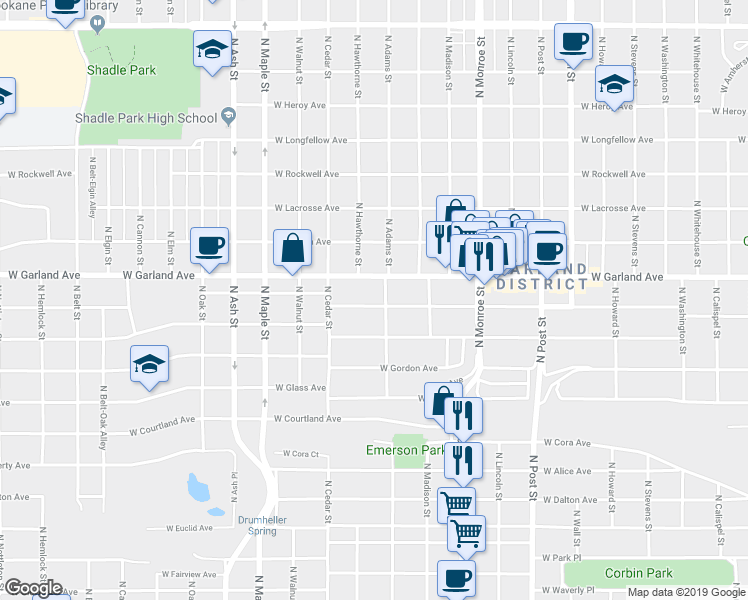 map of restaurants, bars, coffee shops, grocery stores, and more near 1211 West Providence Avenue in Spokane