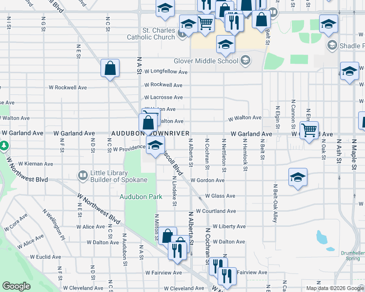 map of restaurants, bars, coffee shops, grocery stores, and more near 2611 West Providence Avenue in Spokane
