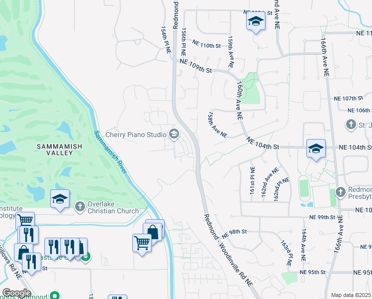 map of restaurants, bars, coffee shops, grocery stores, and more near 101 Northeast 103rd Court in Redmond