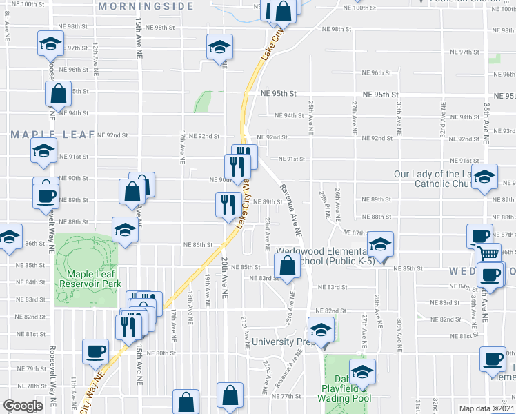 map of restaurants, bars, coffee shops, grocery stores, and more near 8830 Lake City Way Northeast in Seattle